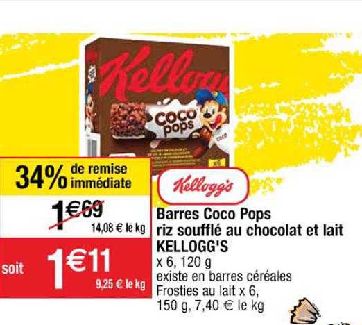 barres coco pops riz souffléau chocolat et lait kellogg's