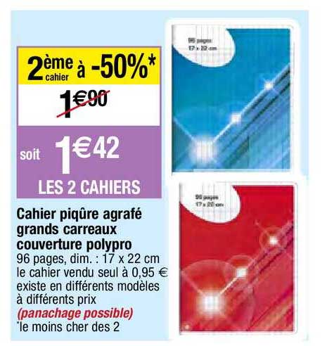cahier piqûre agrafé grands carreaux couverture polypro
