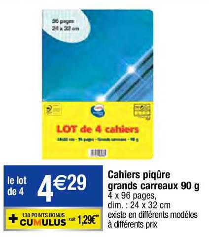 cahiers piqûre grands carreaux 90g