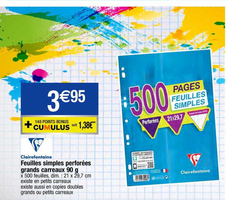 feuilles simples perforées grands carreaux 90g