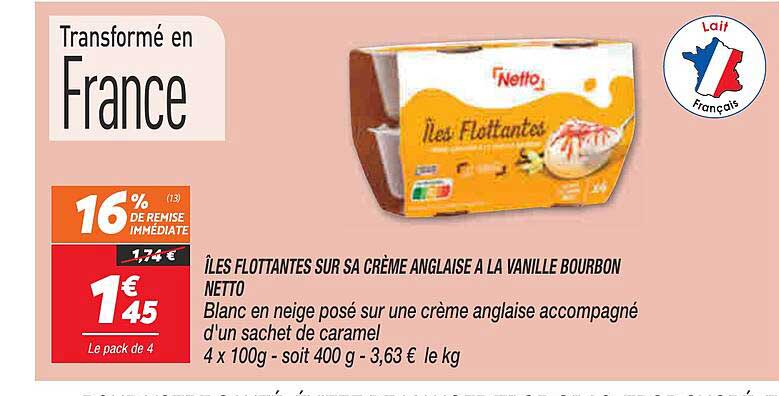 îles flottantes sur sa crème anglaise à la vanille bourbon netto