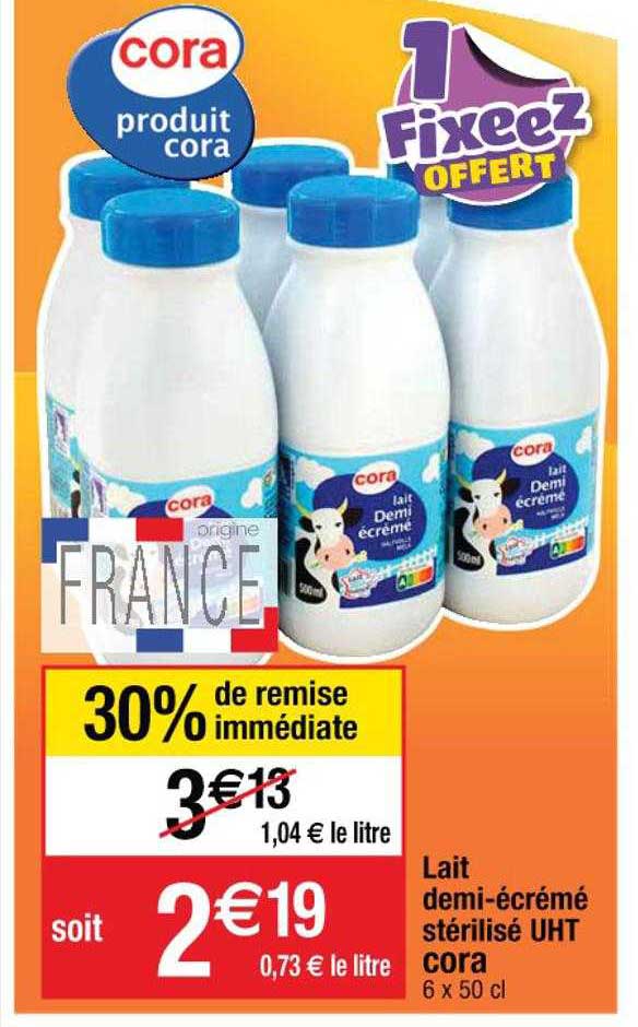 lait demi-écrémé stérilisé uht cora