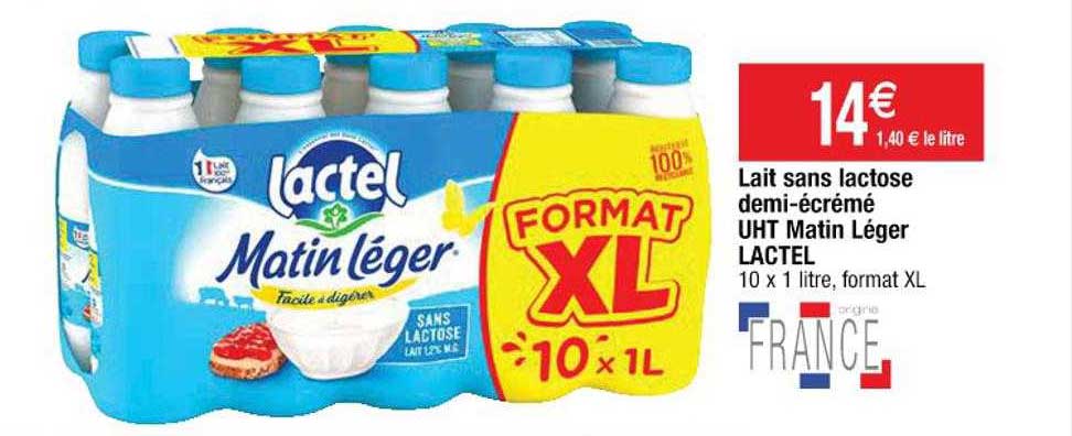 lait sans lactose demi-écrémé uht matin léger lactel