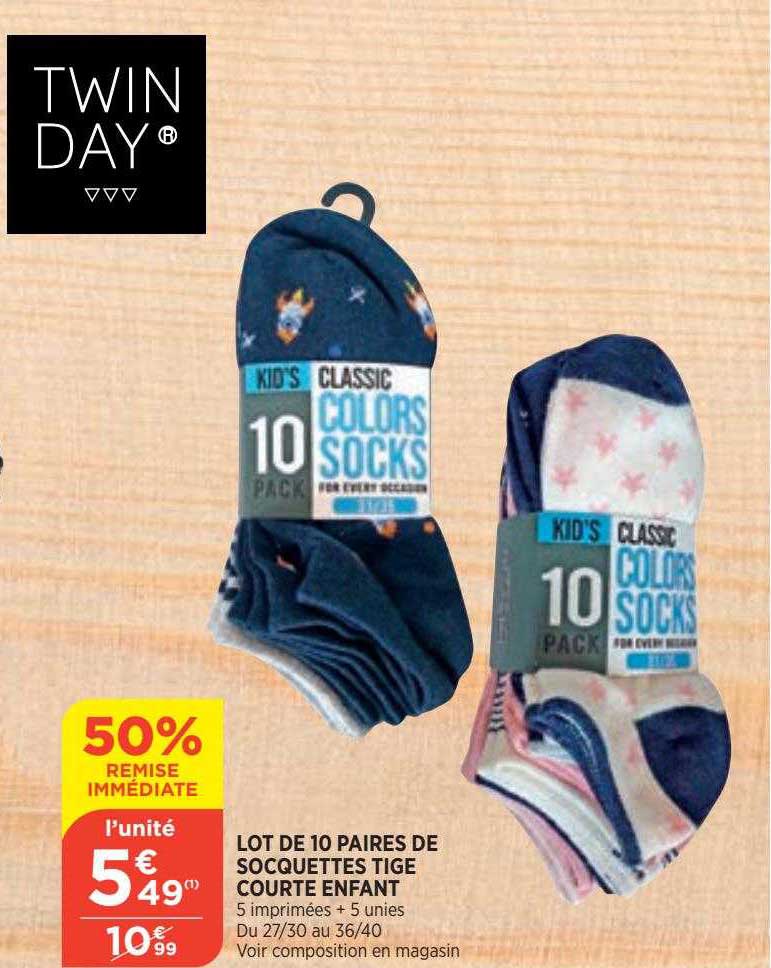 lot de 10 paires de socquettes tigte courte enfant 50% remise immédiate