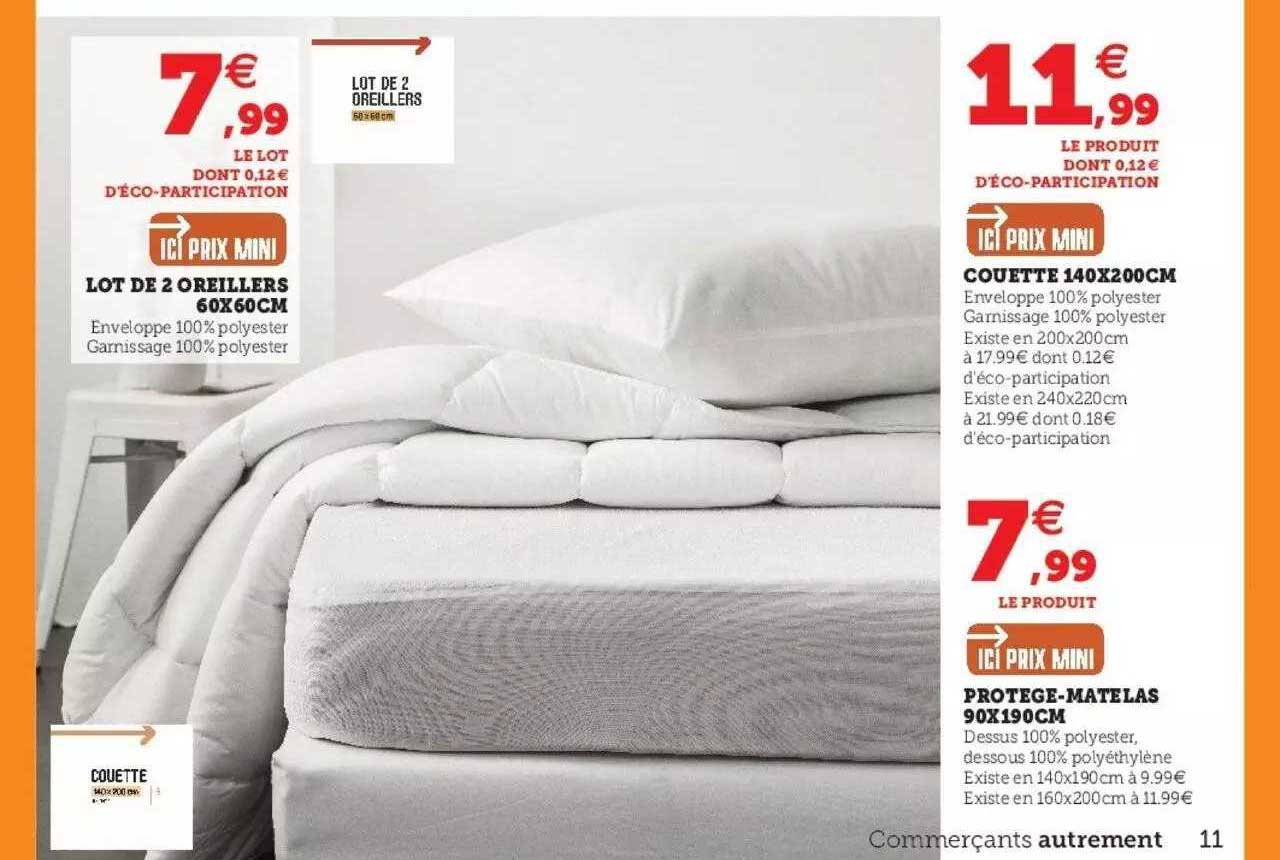 lot de 2 oreillers 60 x 60 cm, couette 140 x 200 cm, protège-matelas 90 x 190 cm