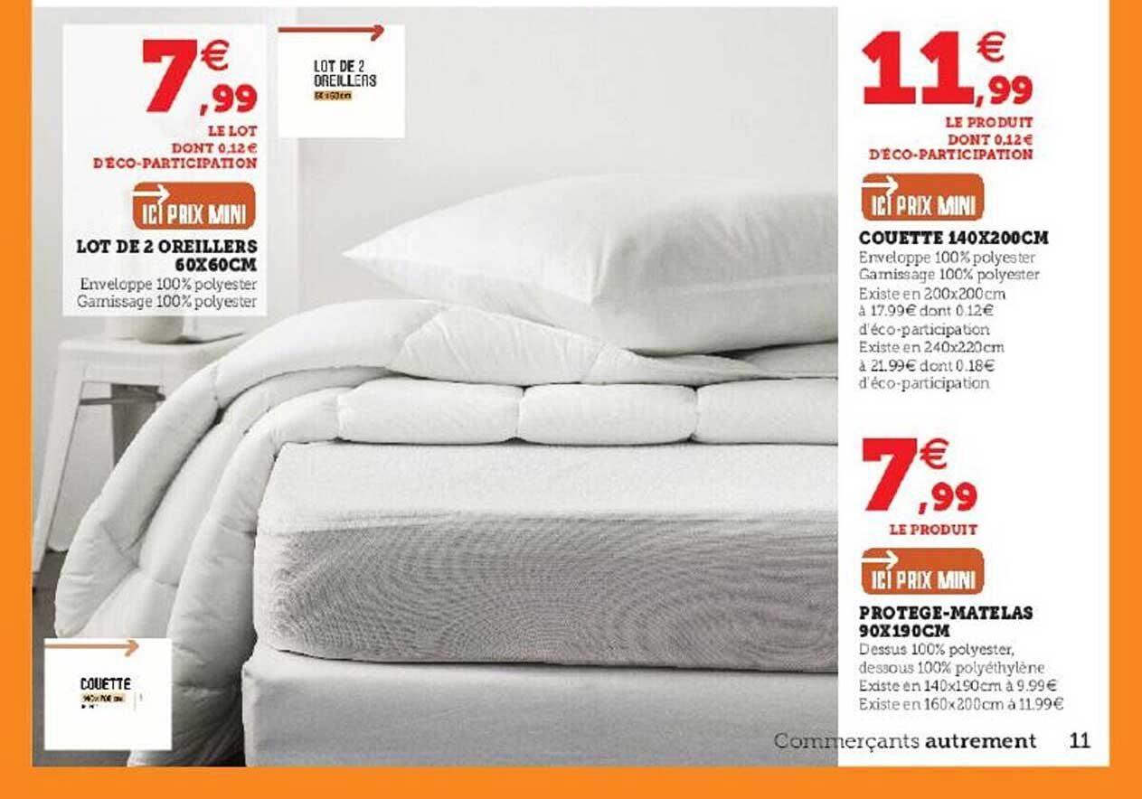 lot de 2 oreillers 60 x 60 cm, couette 140 x 200 cm, protège-matelas 90 x 190 cm