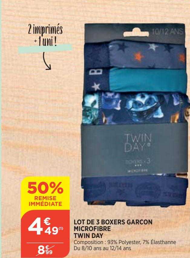lot de 3 boxers garcon microfibre twin day 50% remise immédiate