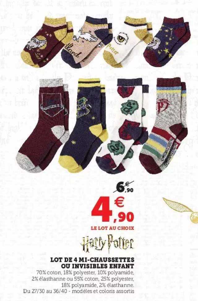 lot de 4 mi-chaussettes ou invisible enfant harry potter