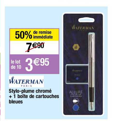 stylo-plume chromé + 1 boîte de cartouches bleues waterman