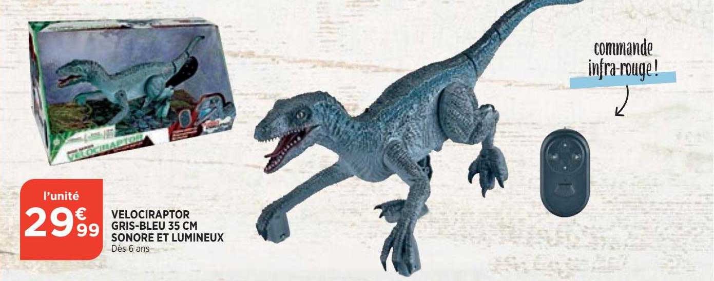 velociraptor gris-bleu 35cm sonore et lumineux