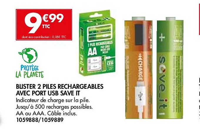 blister 2 piles rechargeables avec port usb save it