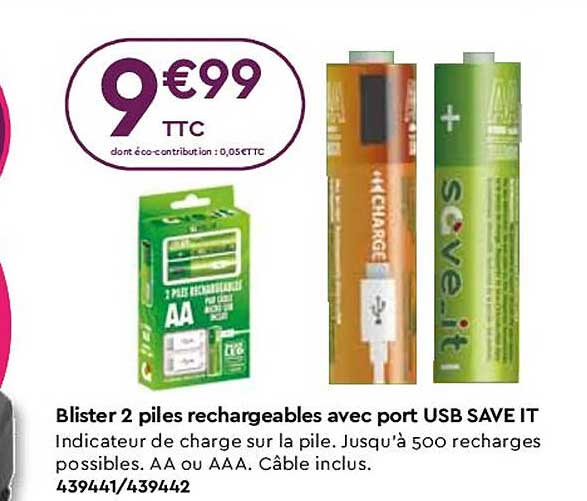 blister 2 piles rechargeables avec port usb save it