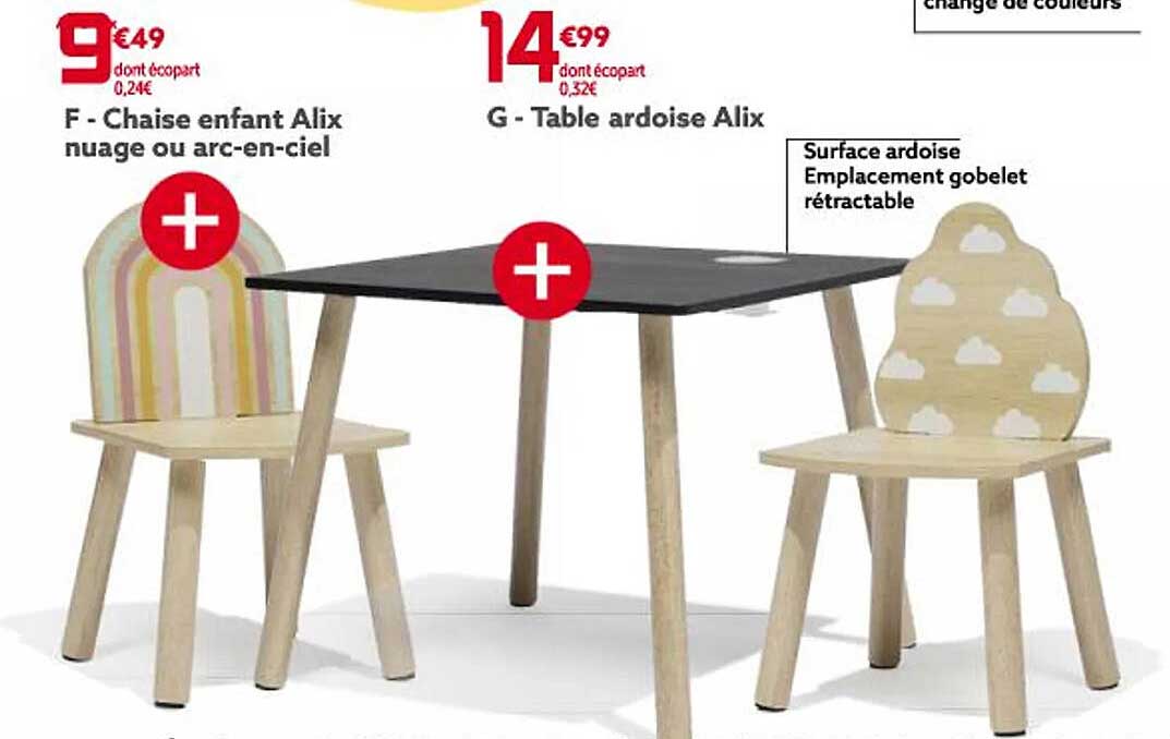 chaise enfant alix nuage ou arc-en-ciel, table ardoise alix