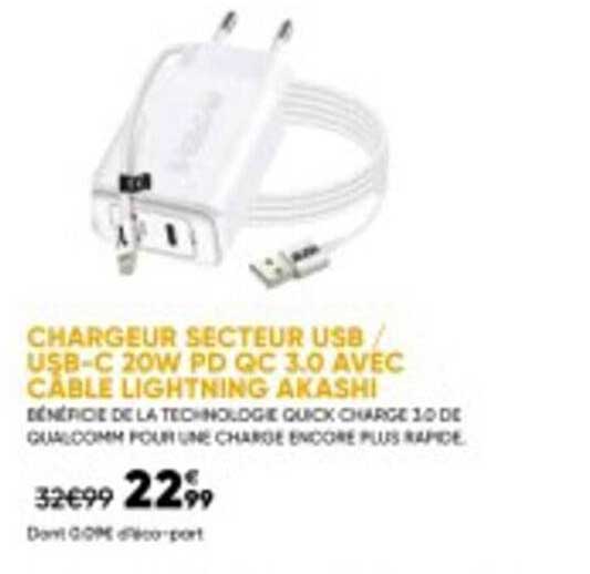 chargeur secteur usb/usb-c 20w pd qc 3.0 avec câble lightning akashi