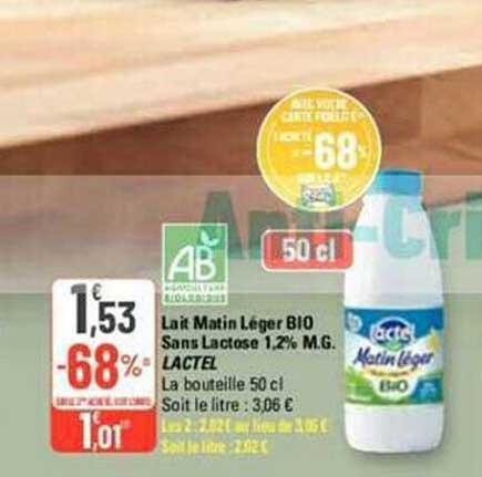 lait matin léger bio sans lactose 1,2% m.g. lactel