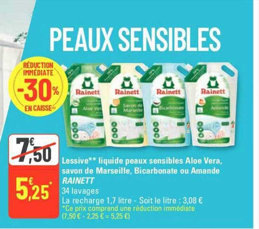 lessive liquide peaux sensibles aloé vera, savon de marseille, bicarbonate ou amande rainett