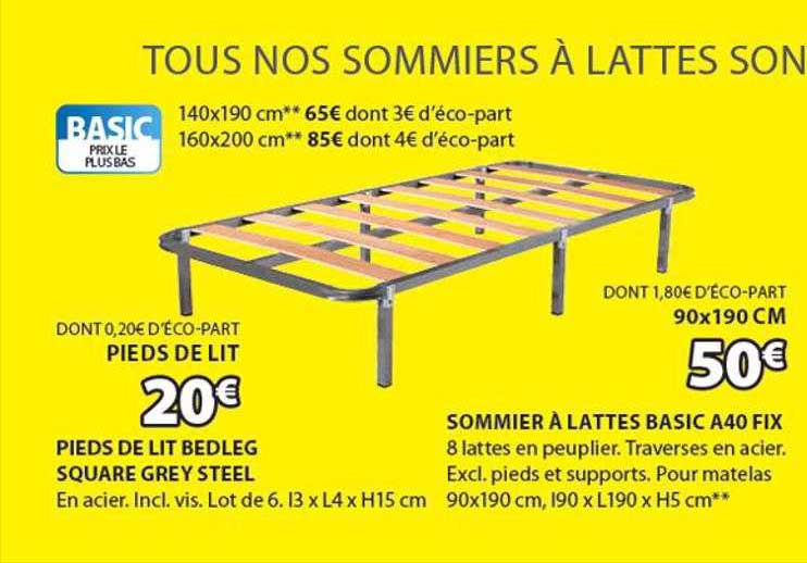 pieds de lit bedleg square grey steel, sommier à lattes basic a40 fix