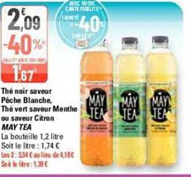 thé noir saveur pêche blanche, thé vert saveur menthe ou saveur citron may tea