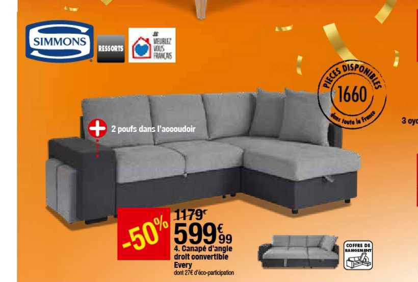 canapé d'angle droit convertible every simmons ressorts