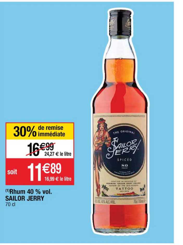 rhum 40% vol. sailor jerry 30% de remise immédiate