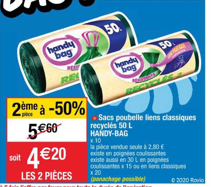 sacs poubelle lien classiques recyclés 50l handy bag 2ème pièce à -50%