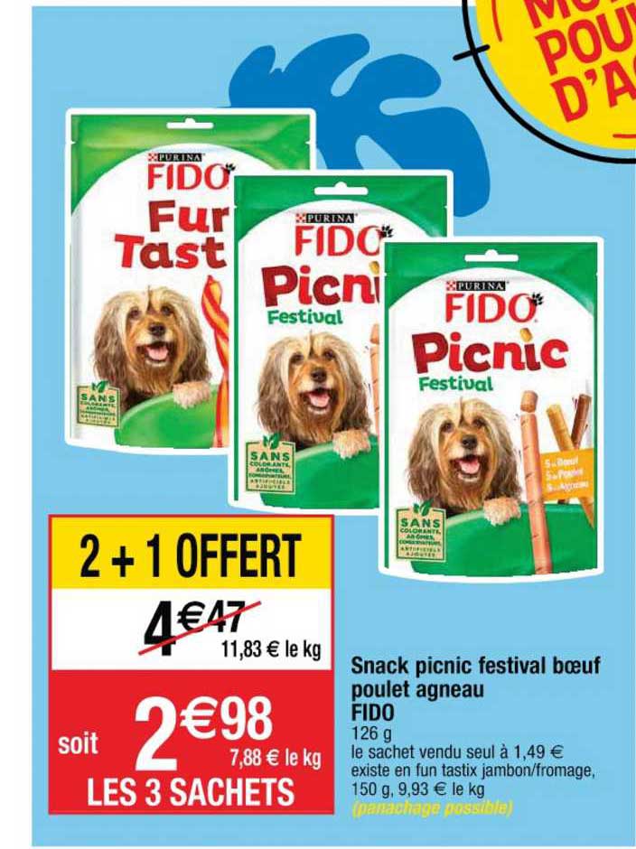 snack picnic festival boeuf poulet agneau fido 2+1 offert