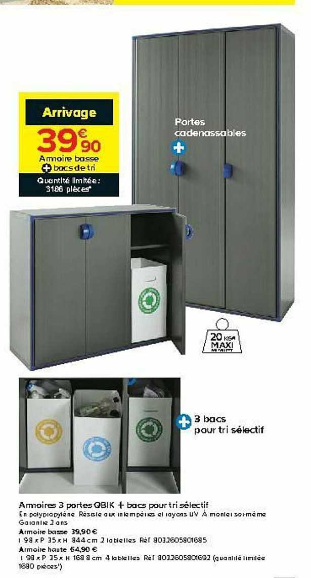 armoire basse, armoire 3 portes qbic + bacs pour tri sélectif