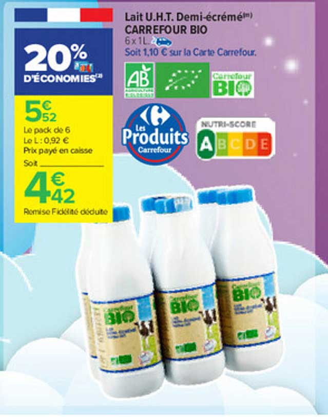 lait u.h.t. demi-écrémé carrefour bio