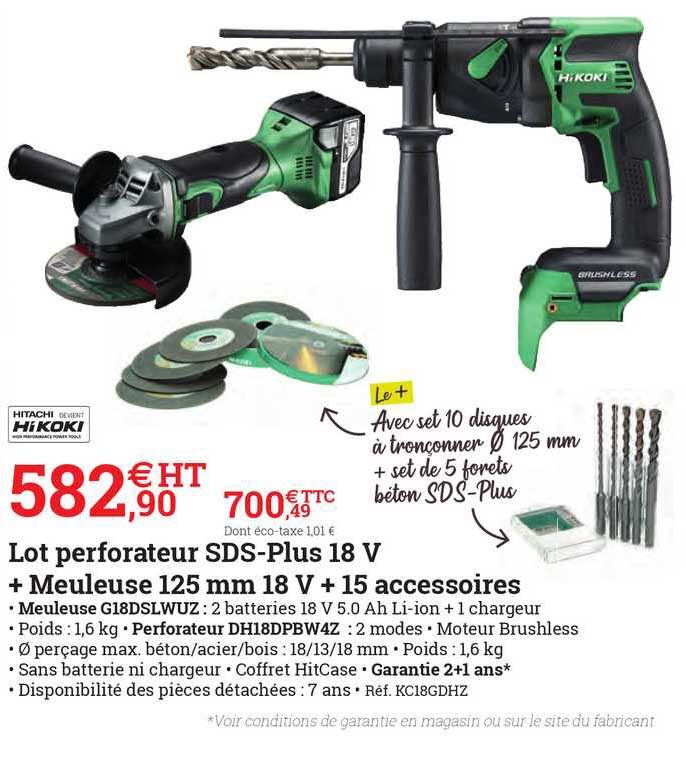 lot perforateur sds-plus 18 v + meuleuse 125 mm 18 v + 15 accessoires hikoki