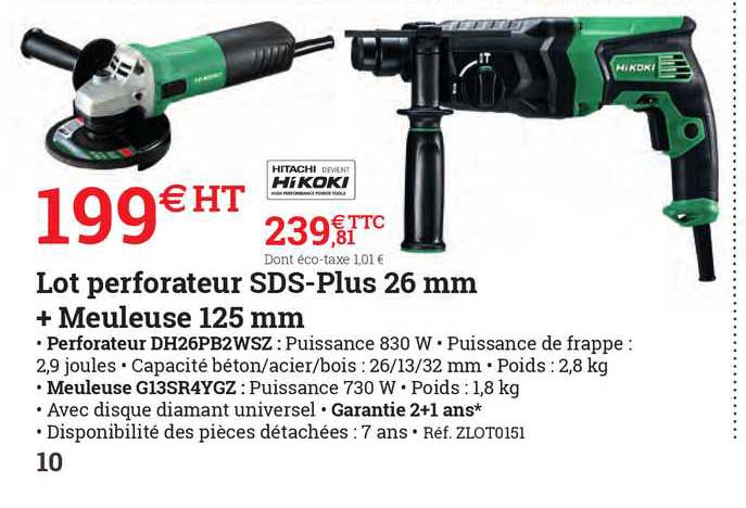 lot perforateur sds-plus 26 cm + meuleuse 125 mm hikoki