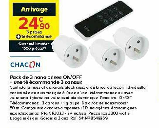 pack de 3 nono prises on-off + une télécommande 3 canaux chacon