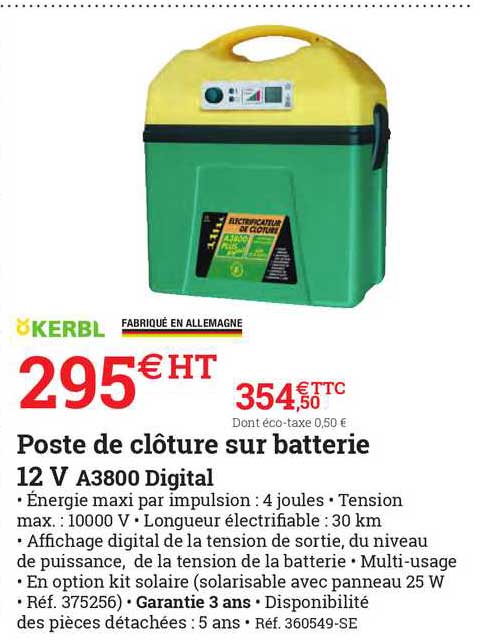 poste de clôture sur batterie 12 v a3800 digital kerbl