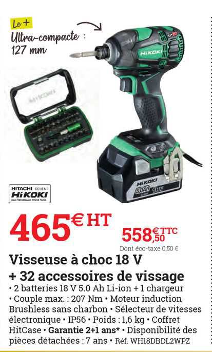 visseuse à choc 18 v + 32 accessoires de vissage hikoki