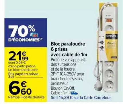bloc parafoudre 6 prises avec câble de 1m