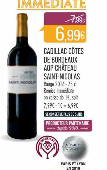 cadillac côtes de bordeaux aop château saint-nicolas rouge 2016
