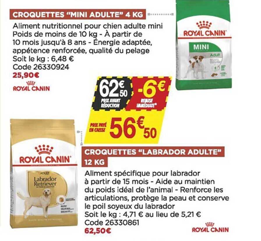 croquettes "mini adulte" 4 kg royal canin, croquettes "labrador adulte" 12 kg royal canin