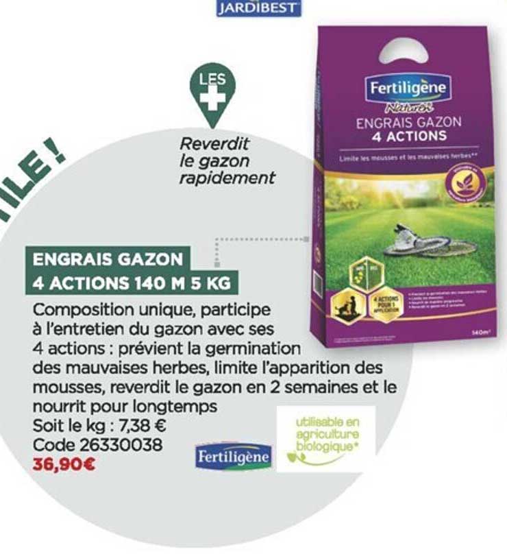 engrais gazon 4 actions 140 m 5 kg fertiligène