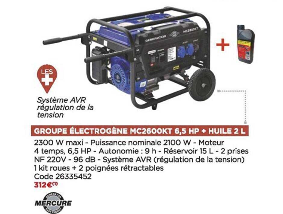groupe électrogène mc2600kt 6,5 hp + huile 2l mercure