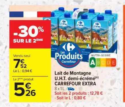 lait de montagne u.h.t. demi-écrémé carrefour extra