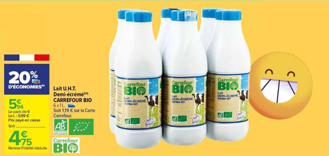 lait u.h.t. demi-écrémé carrefour bio