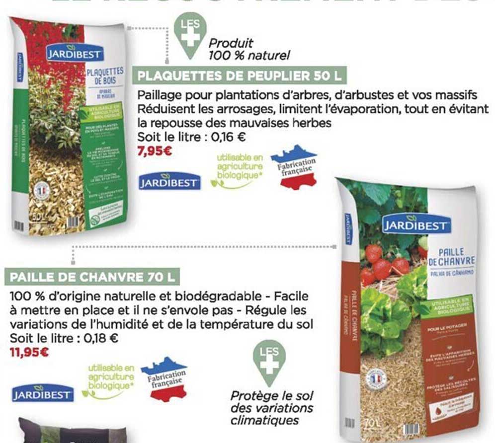 plaquettes de peuplier 50l jardibest, paille de chanvre 70l jardibest