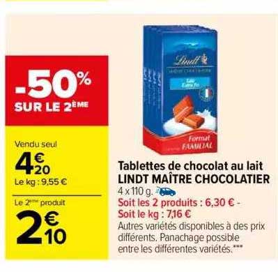 tablettes de chocolat au lait lindt maître chocolatier
