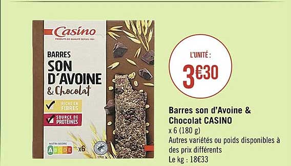 barres son d'avoine & chocolat casino