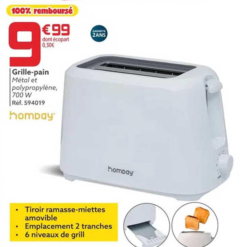 grille-pain métal et polypropylène 700 w
