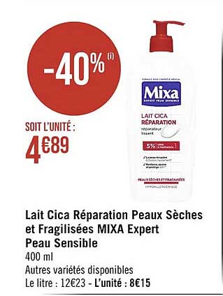 lait cica réparation peaux sèches et fragilisées mixa expert peau sensible