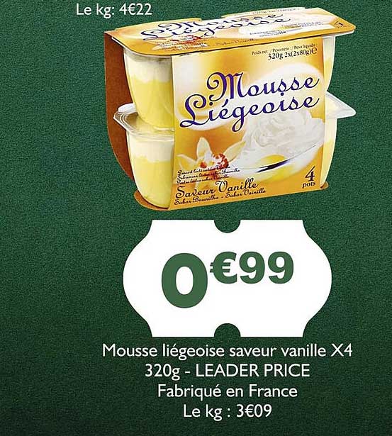 mousse liégeoise saveur vanille x4 - leader price