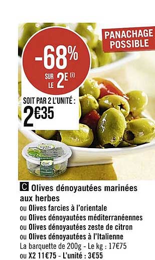 olives dénoyautées marinées aux herbes ou olives farcies à l'orientale ou olives dénoyautées méditerranéennes ou olives dénoyautées zeste de citron ou olives dénoyautées à l'italienne