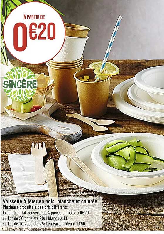 vaisselle à jeter en bois, blanche et colorée sincère
