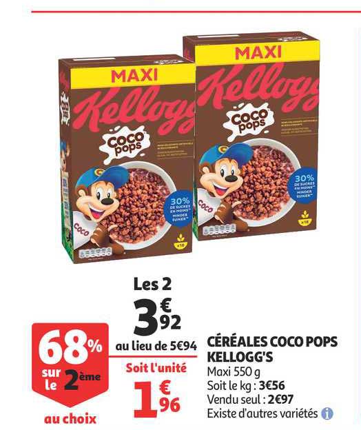 Céréales Coco Pops Kellogg's 68% Sur Le 2ème Au Choix