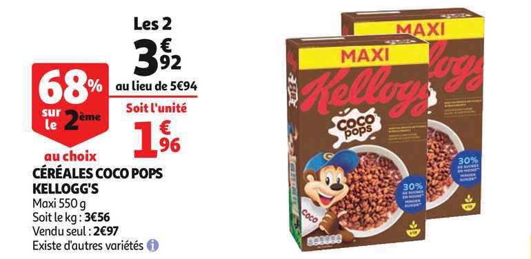 céréales coco pops kellogg's 68% sur le 2ème au choix